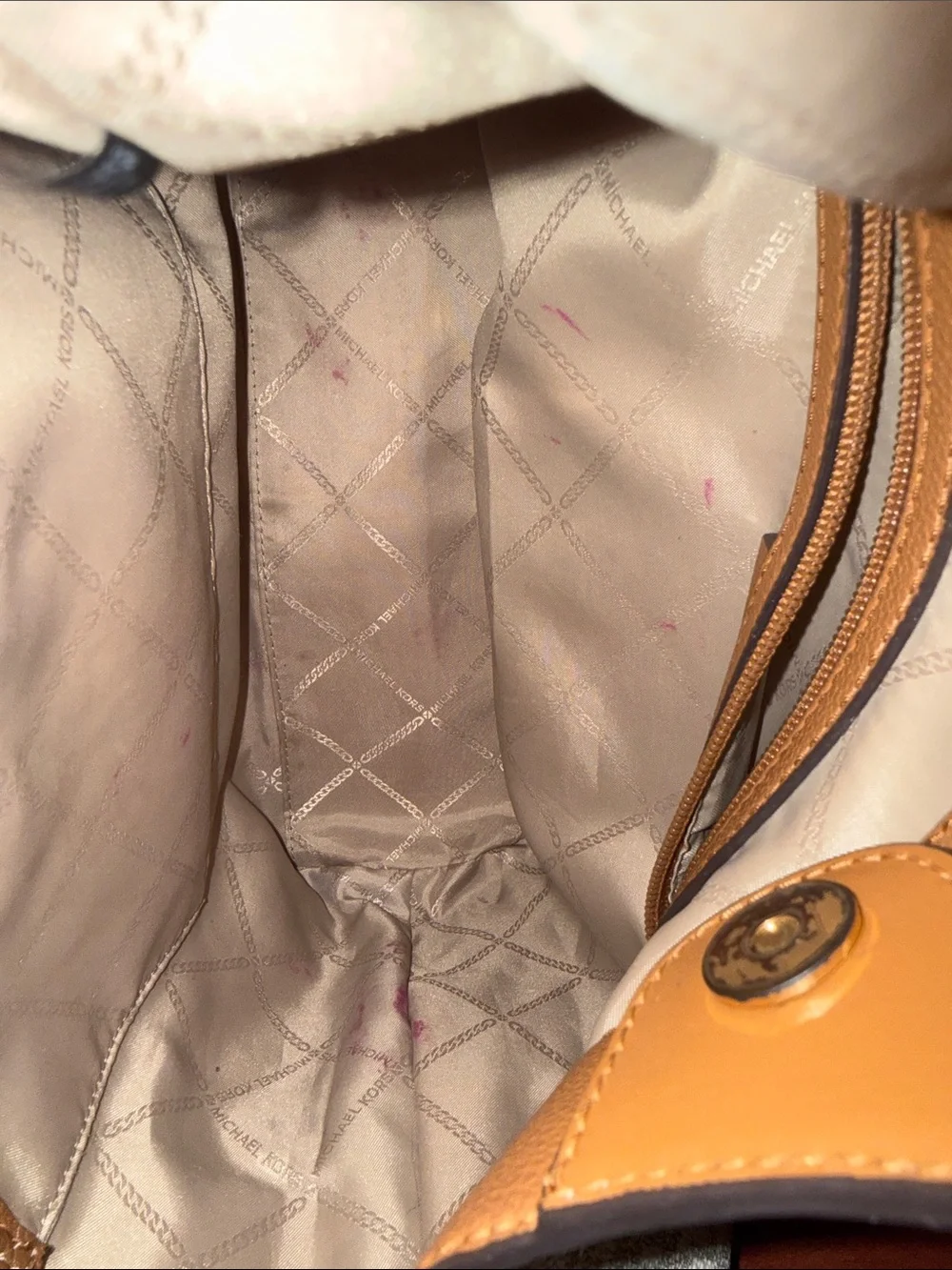 Michael Kors Signature MK Logo Canvas Shoulder Bag in Beige and Tan